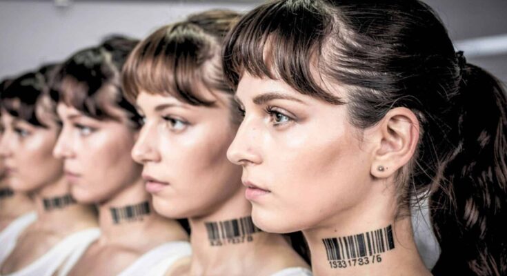 A Surreal And Dystopian Photograph Of A Line Of Identical Women In Profile View