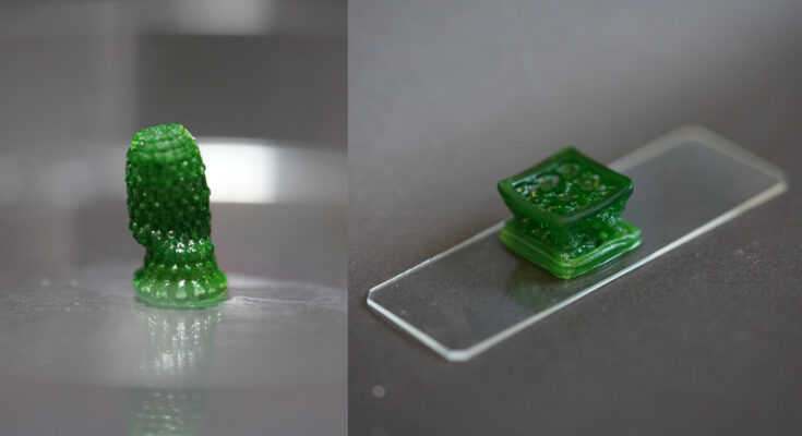 Two versions of a new photosynthetic material. On the left we see a pineapple-shaped sample and on the right a cubic sample.