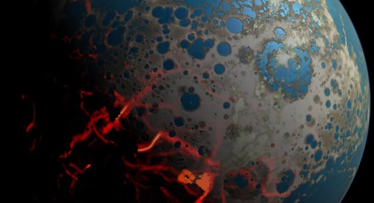 This illustration of early Earth includes liquid water as well as magma seeping from the planet’s core due to a large impact. Scientists at NASA are investigating the chemistry that might have existed at this time in the planet’s history. Credit: Simone Marchi
