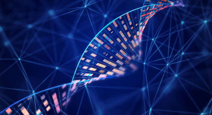 DNA molecular structure with sequencing data of human genome analysis and wire mesh network.