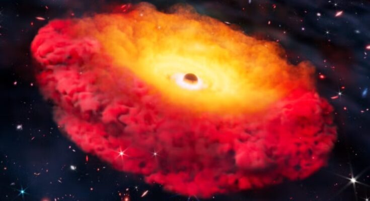 An illustration of a swirling orange and red cloud with a black hole at its center