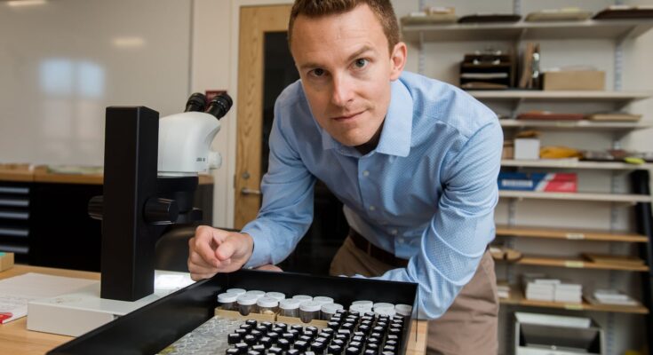 John Marston, director of Boston University's archaeology program, with samples of present-day plant seeds that he uses in his research to help identify archaeological seeds. Some of the seeds were imported under a USDA permit for plant materials.