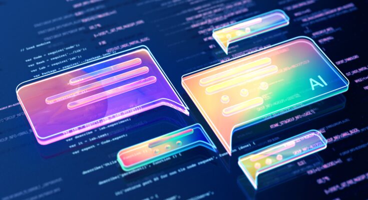 A concept image of AI chat icons floating over a backdrop of code.