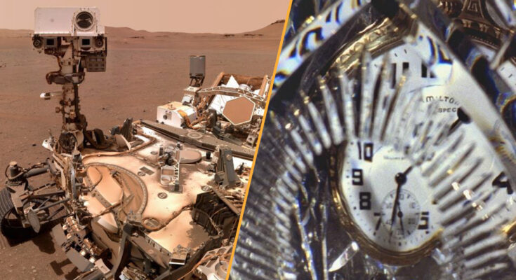 A split image with a photo of a Mars rover on the right and an illustration of a fragmented clock pattern on the right