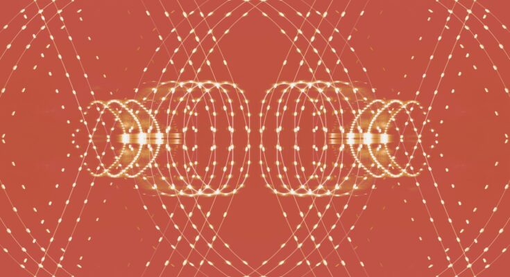 a red background with circles and dots