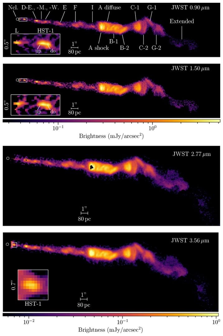 JWST capturó la película infrarroja del Black Hole Jet de M87. Crédito: JWST, John Roder y. Alabama.