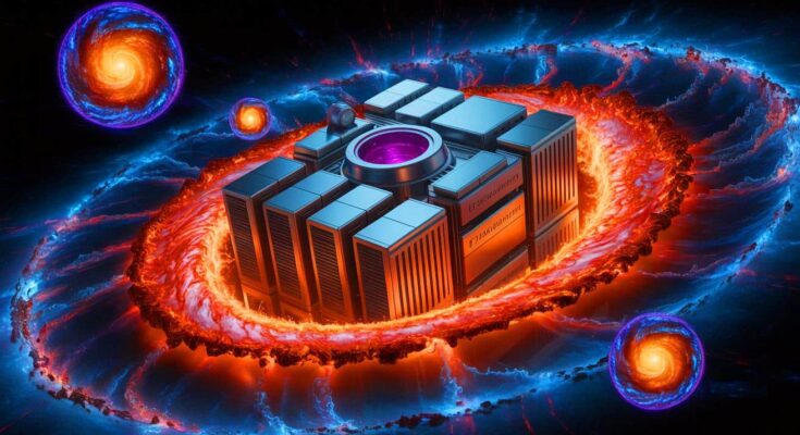 Illustration of a supercomputer simulating the interactions between black holes and galaxy clusters.