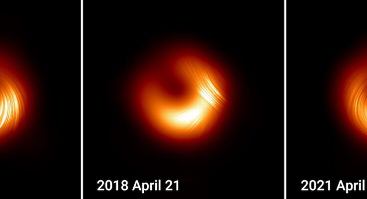 Three polarized light images of M87* from 2017, 2018, and 2021. The images differ, showing how the black hole is changing over time.