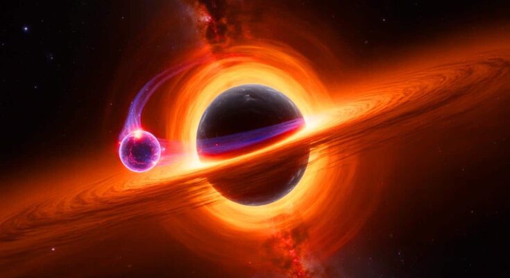 Illustration of a star passing close to a black hole and being tidally disrupted without being totally destroyed.
