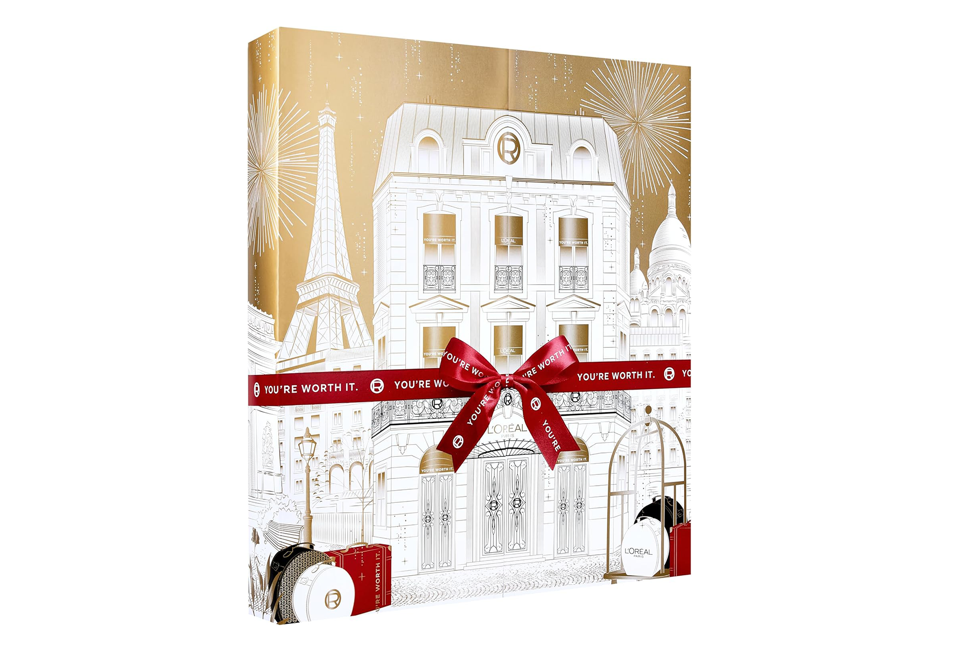 Ilustración de un Calendario de Adviento de L'Oréal dorado y blanco con diseño del paisaje urbano de París y cinta roja.