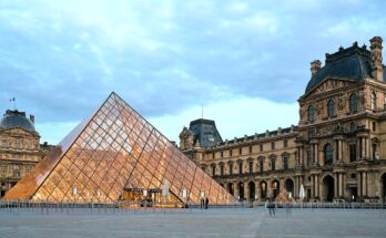 Louvre museum in the evening, as soon as the lights turn on