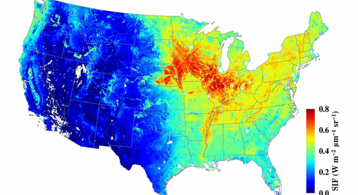 Map of the contiguous United States with colors indicating plant photosynthesis.