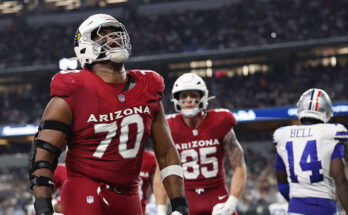 Paris Johnson Jr. #70 of the Arizona Cardinals...