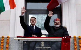 FILE PHOTO: French President Emmanuel Macron and Indian Prime Minister Narendra Modi wave from the balcony during the inauguration of the Indian Consulate as part of a visit in Marseille, France, February 12, 2025.  REUTERS/Christian Hartmann/Pool/File Photo