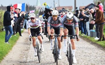 ROUBAIX, FRANCE - APRIL 13: (L-R) Tadej Pogacar of Slovenia and UAE Team Emirates - XRG, Jasper Philipsen of Belgium and Mathieu Van Der Poel of Netherlands and Team Alpecin - Deceuninck compete in the breakaway passing through a cobblestones sector during the 122nd Paris - Roubaix 2025 a 259.2km one day race from Compiegne to Roubaix / #UCIWT / on April 13, 2025 in Roubaix, France. (Photo by Bernard Papon - Pool/Getty Images)