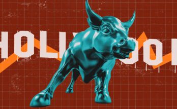 Wall Street bull in front of the Hollywood sign