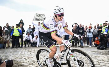 Slovenian Tadej Pogacar of UAE Team Emirates pictured in action during the men elite race of the 'Paris-Roubaix' one day cycling race, 259,2 km from Compiegne to Roubaix, France, on Sunday 13 April 2025. BELGA PHOTO JASPER JACOBS (Photo by JASPER JACOBS / BELGA MAG / Belga via AFP)