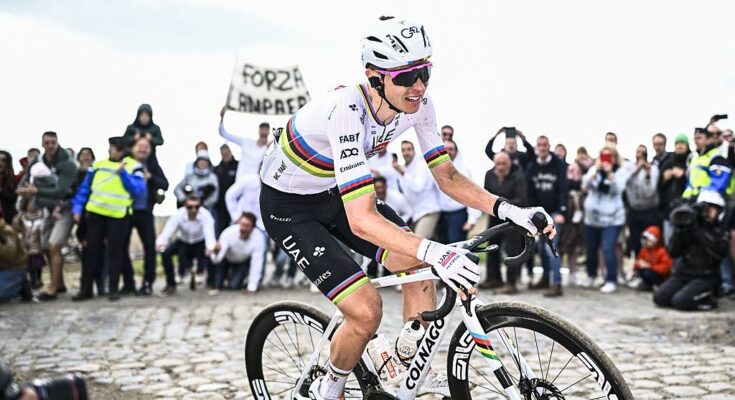 Slovenian Tadej Pogacar of UAE Team Emirates pictured in action during the men elite race of the 'Paris-Roubaix' one day cycling race, 259,2 km from Compiegne to Roubaix, France, on Sunday 13 April 2025. BELGA PHOTO JASPER JACOBS (Photo by JASPER JACOBS / BELGA MAG / Belga via AFP)
