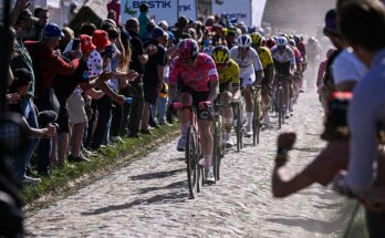 The pack of riders cycles on pavement during the fifth edition of the Paris-Roubaix women's race, 148,5 km between Denain and Roubaix, northern France on April 12, 2025. (Photo by JULIEN DE ROSA / AFP)