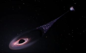 This illustration shows a black field speckled with white, yellow and red galaxies. A black hole, near the left, bottom corner of the image, plows through space, leaving a diagonal trail of newborn stars stretching back to the black hole's parent galaxy.