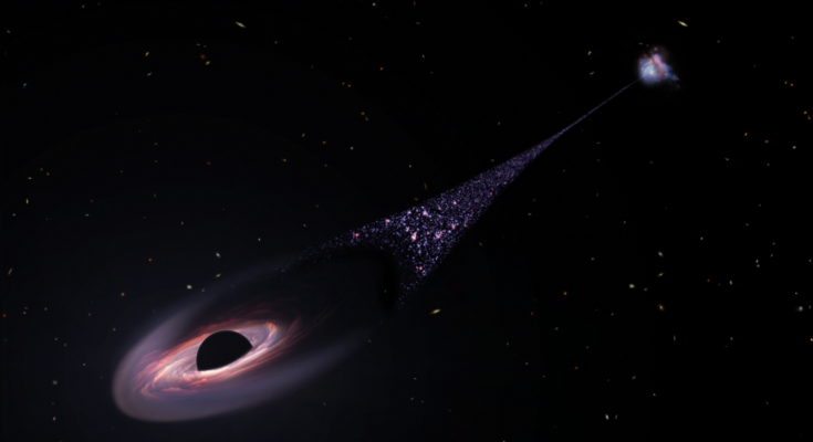 This illustration shows a black field speckled with white, yellow and red galaxies. A black hole, near the left, bottom corner of the image, plows through space, leaving a diagonal trail of newborn stars stretching back to the black hole's parent galaxy.