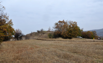 a small grass-covered mound with dotted trees against a landscape