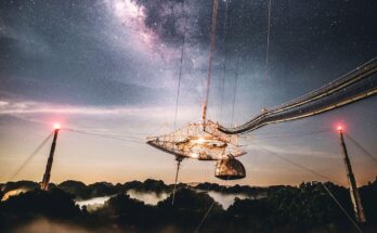 A starry sky above the Arecibo Observatory in Puerto Rico.