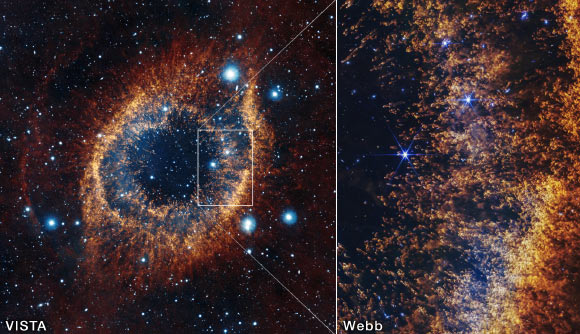 Esta imagen del Telescopio de Astronomía Visible e Infrarroja muestra una vista completa de la Nebulosa Hélice, destacando un pequeño campo del instrumento NIRCam de Webb (derecha). Crédito de la imagen: NASA / ESA / CSA / STScI / A. Pagan, STScI.