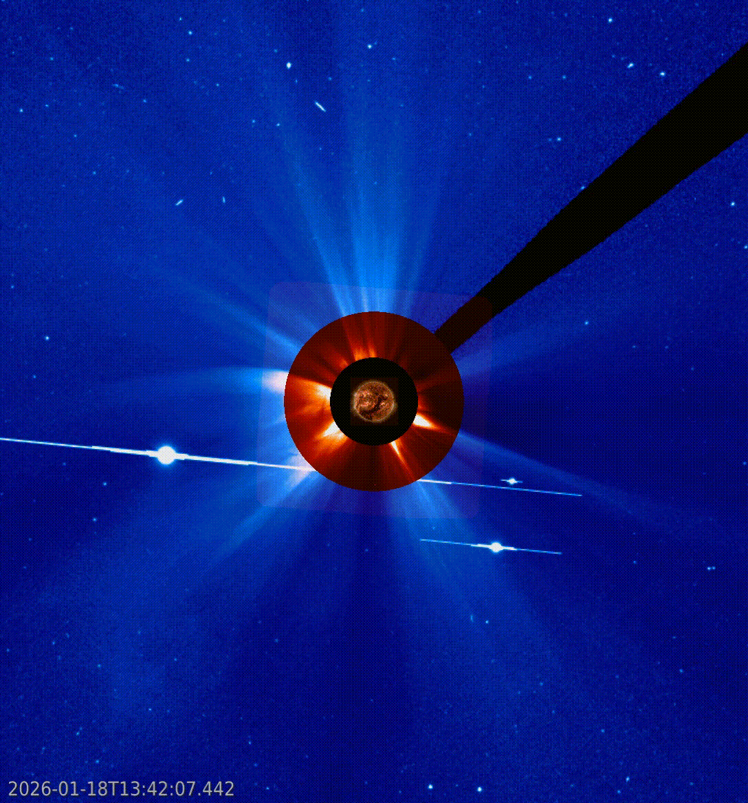 Animación que muestra la eyección de masa coronal del Sol el 18 de enero de 2026. Crédito: ESA/NASA (SOHO) y NASA (SDO)