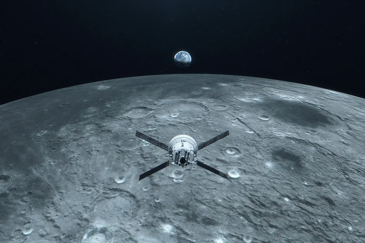 Impresión artística de Artemisa II orbitando la luna. Crédito: NASA
