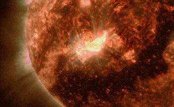 Image showing the X-class solar flare and coronal mass ejection that erupted on 18 January 2026, generating increased aurora displays, captured by NASA