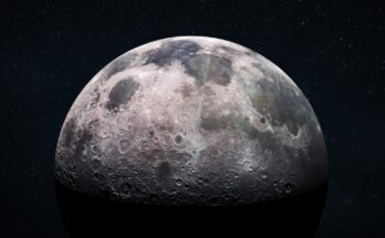 Space view of the moon's cratered surface with a star-filled outer space background. Deep space exploration and astronomy concept. Moon with detailed craters and surface