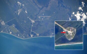 A view of the Florida coastline from space, with the dark green land outlined by a thin white strip of beach before a blue ocean. An inset to the right in a white box shows a red arrow pointing to a white space amidst a green circled off area.