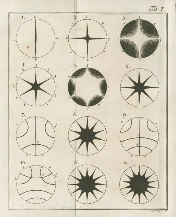 Una página del libro de Chladni de 1787 muestra 12 círculos con diferentes líneas que forman un patrón único en cada círculo.