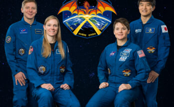 Official crew portrait for NASA’s SpaceX Crew-10 mission with NASA astronauts Anne McClain and Nichole Ayers, JAXA (Japan Aerospace Exploration Agency) astronaut Takuya Onishi, and Roscosmos cosmonaut Kirill Peskov.