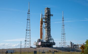 This image shows NASA’s SLS (Space Launch System) and Orion spacecraft rolling out of the Vehicle Assembly Building at NASA’s Kennedy Space Center. NASA's massive Crawler-Transporter, upgraded for the Artemis program, carries the powerful SLS rocket and Orion spacecraft on the Mobile Launcher from the Vehicle Assembly Building to Launch Pad 39B at Kennedy Space Center in preparation for the Artemis II mission.