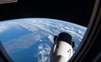 This photograph, taken from a window aboard the SpaceX Dragon crew spacecraft, shows the SpaceX Dragon cargo spacecraft with southern Florida visible below as the International Space Station orbited 260 miles above the Gulf of America.