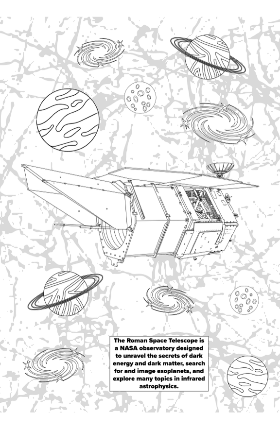 La página 2 del libro para colorear sobre el Telescopio Espacial Romano Nancy Grace es una nave espacial y algunos objetos cósmicos que observa.
