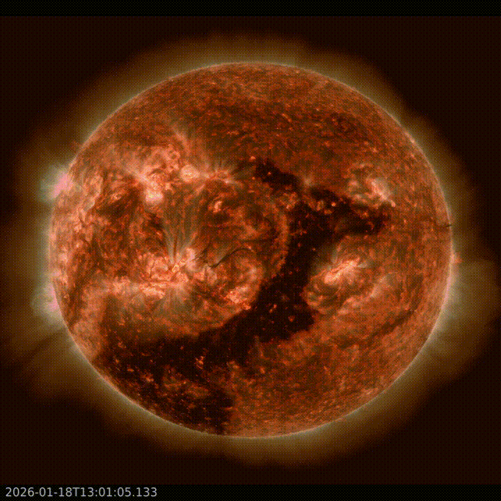 Animación que muestra la erupción solar de clase X y la eyección de masa coronal que estalló el 18 de enero de 2026, produciendo un aumento de las auroras, capturada por el Observatorio de Dinámica Solar de la NASA. Crédito: NASA