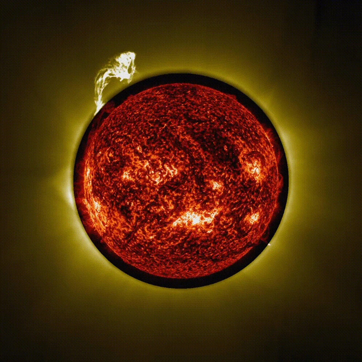 Imagen que muestra una prominencia emergente en el Sol vista por la misión Proba-3 de la Agencia Espacial Europea el 21 de septiembre de 2025. Crédito: ESA/Proba-3/ASPIICS, NASA/SDO/AIA